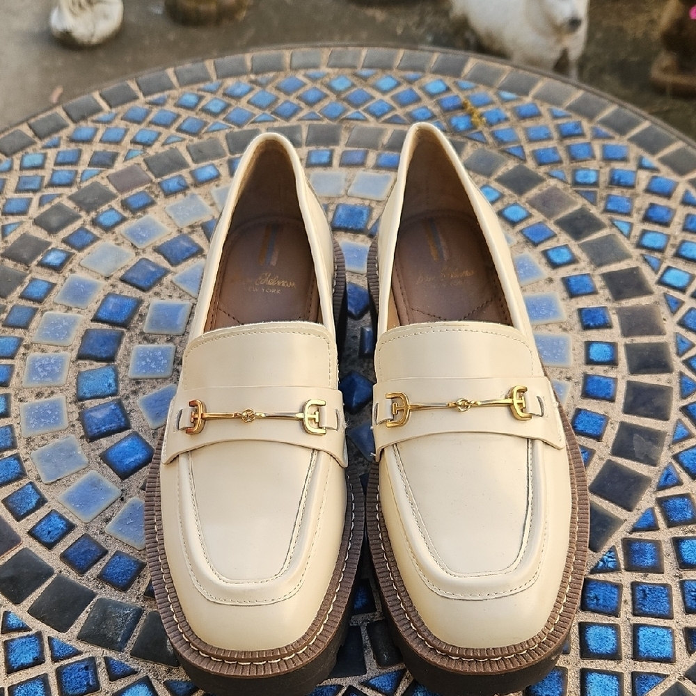 Sam Edelman New York Cream Loafers with Gold Buckle Detail